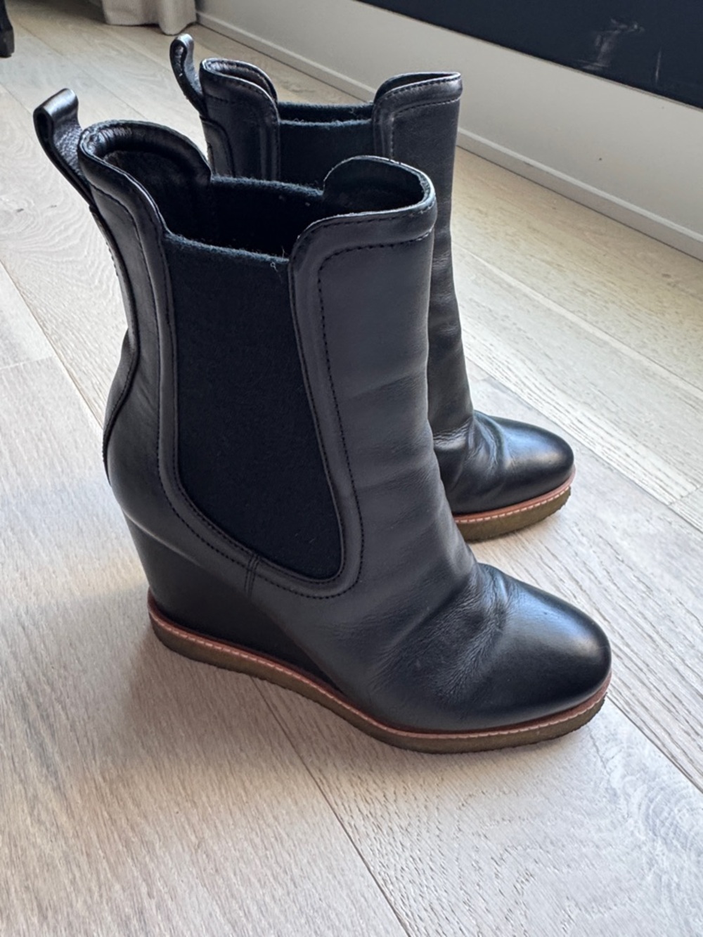 Veronica Beard Black Leather Wedge Chelsea Boots